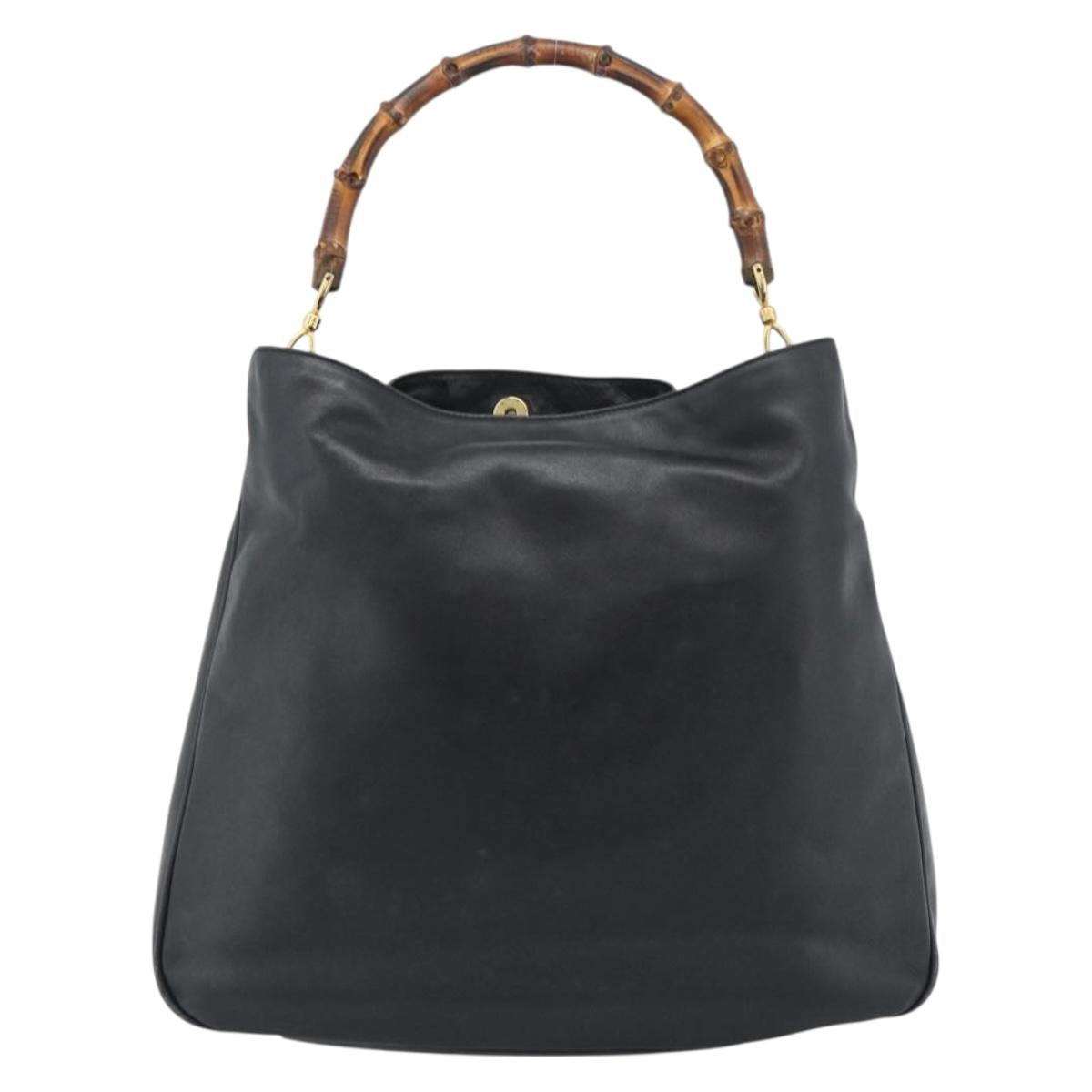 GUCCI Bamboo Hand Bag Leather Black Gold 001 1638 Auth 190594