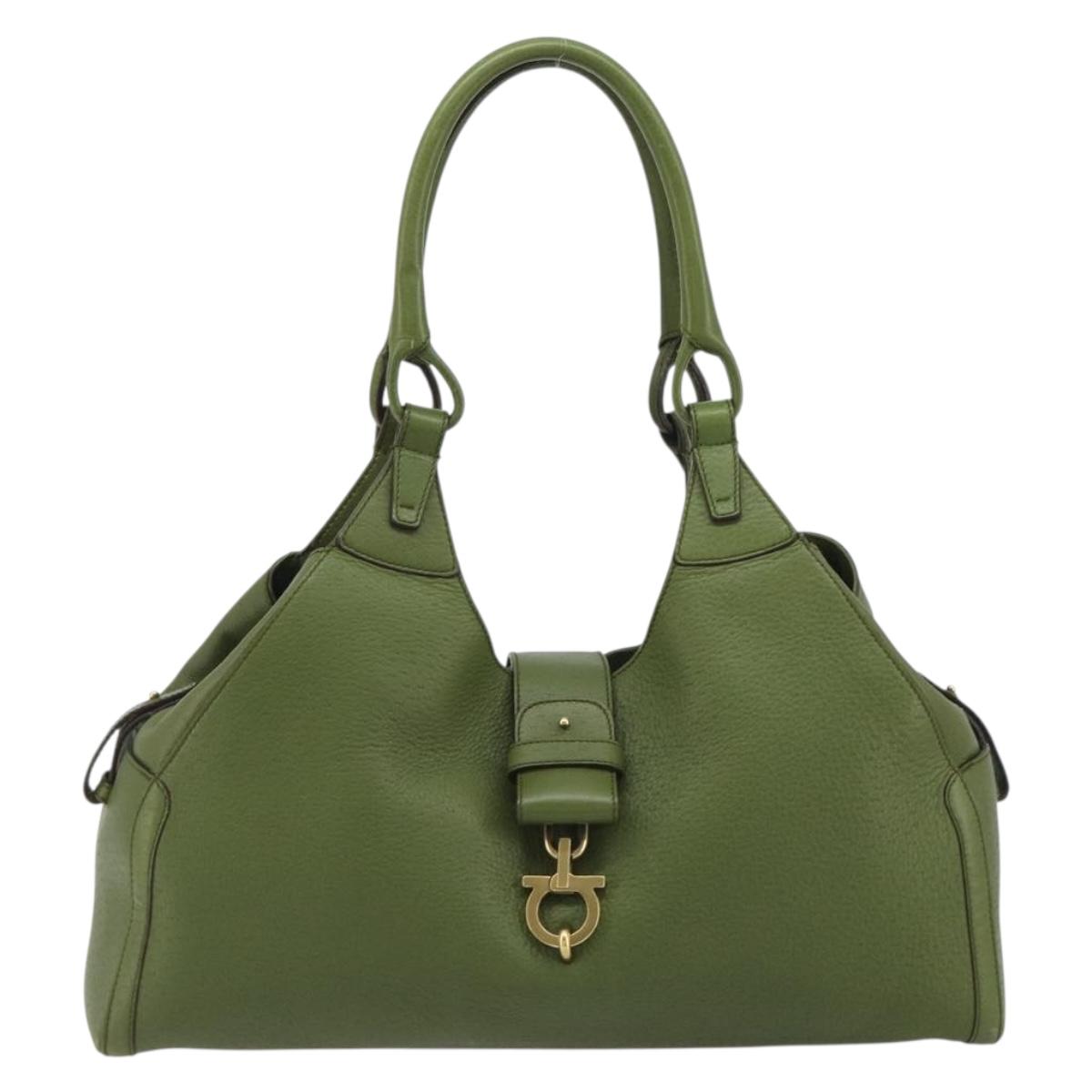 Salvatore Ferragamo Gancini Tote Bag Leather Green Gold Auth 190603A