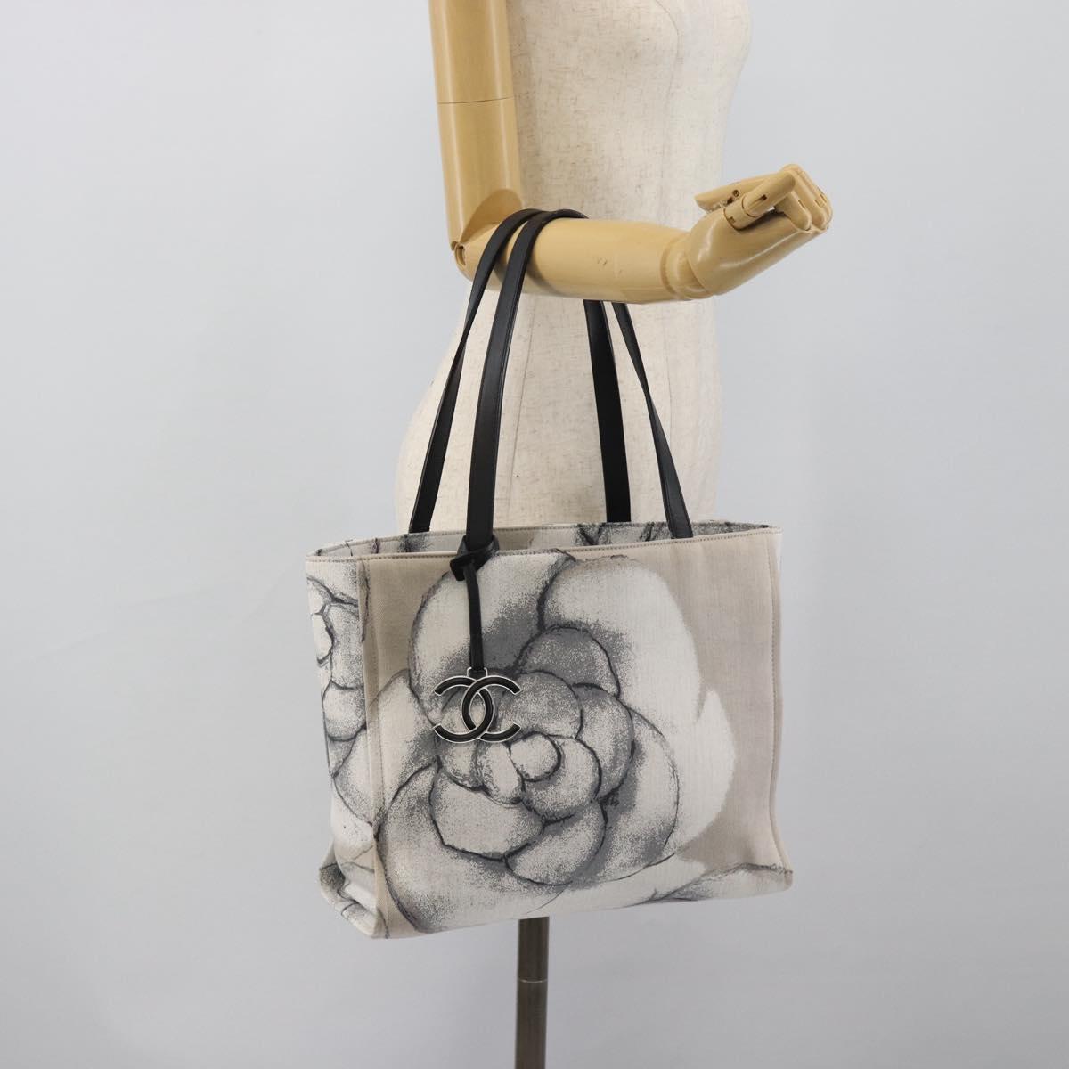 CHANEL Camelia Tote Bag Canvas White Silver CC Auth 190607V