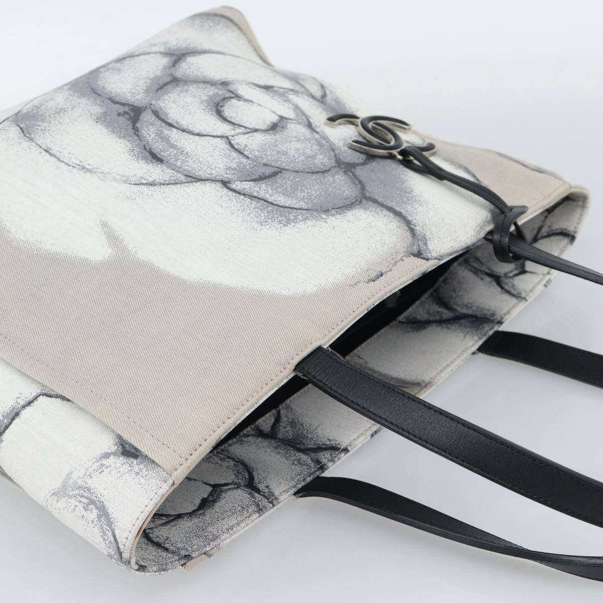 CHANEL Camelia Tote Bag Canvas White Silver CC Auth 190607V