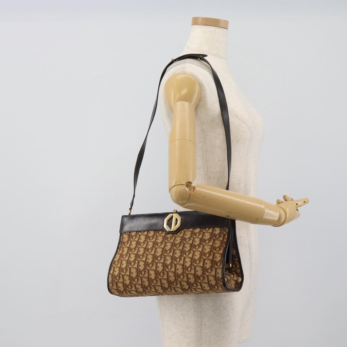 Christian Dior Trotter Canvas Shoulder Bag Beige Gold Auth 190611