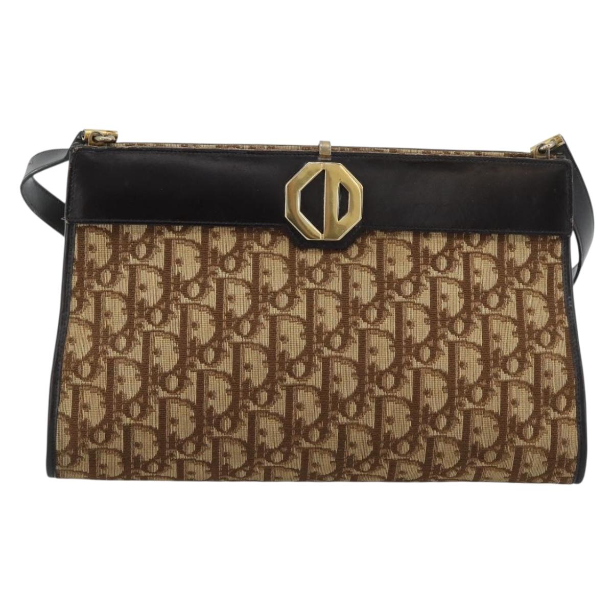 Christian Dior Trotter Canvas Shoulder Bag Beige Gold Auth 190611