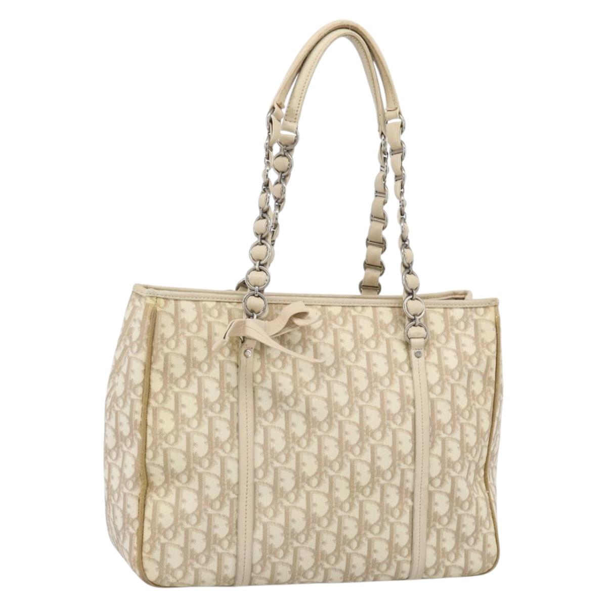 Christian Dior Trotter Canvas Romantic Chain Shoulder Bag PVC Ivory Auth 190613