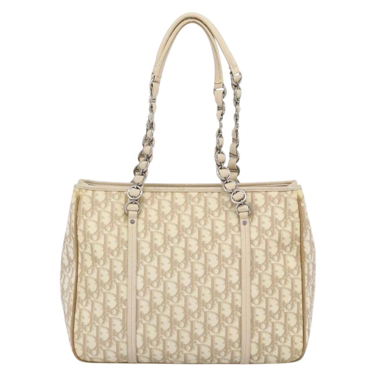 Christian Dior Trotter Canvas Romantic Chain Shoulder Bag PVC Ivory Auth 190613