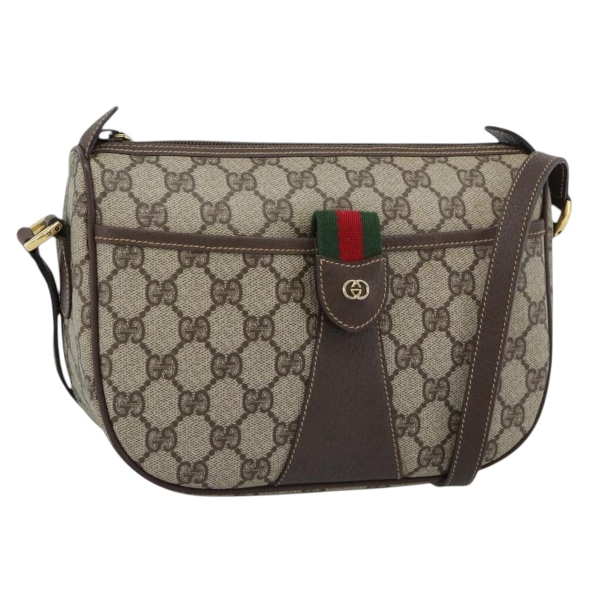 GUCCI GG Supreme Web Sherry Line Shoulder Bag PVC Beige Gold Auth 190621