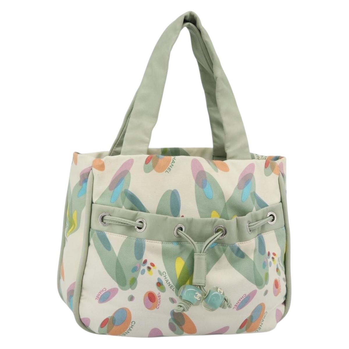 CHANEL Tote Bag Canvas Green Silver CC Auth 190622A