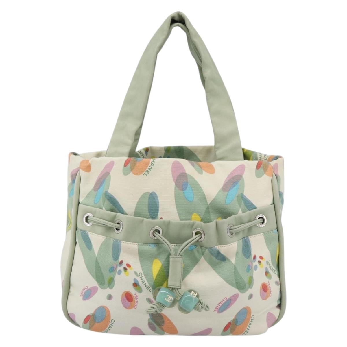 CHANEL Tote Bag Canvas Green Silver CC Auth 190622A