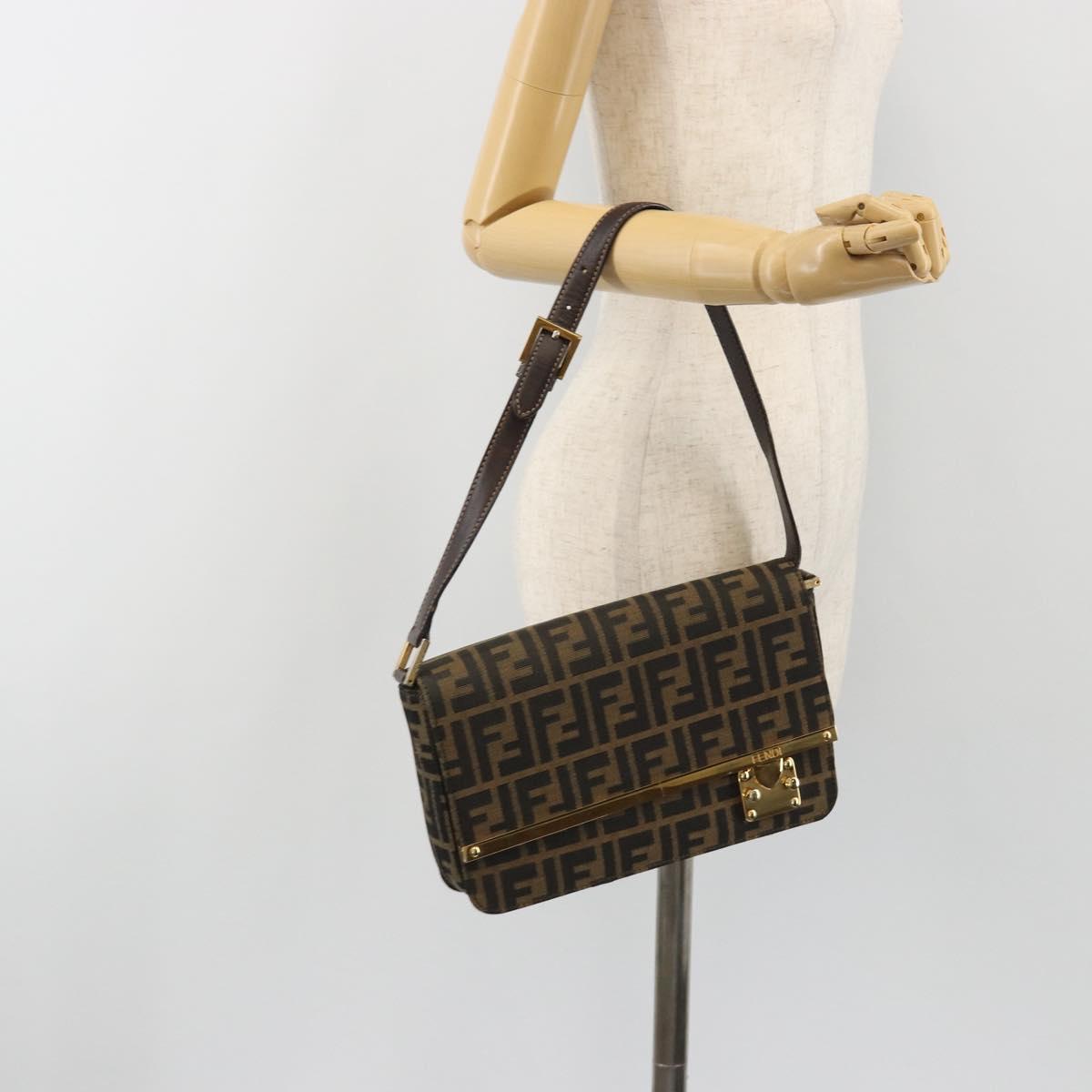FENDI Zucca Canvas Shoulder Bag Black Brown Auth 190627SAV