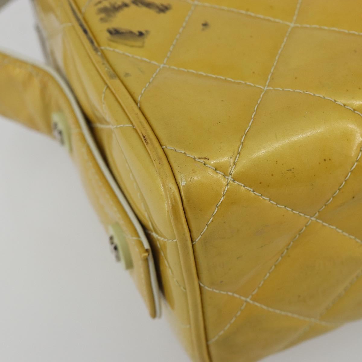 CHANEL Vanity Hand Bag Patent Leather Yellow Silver CC Auth 190628