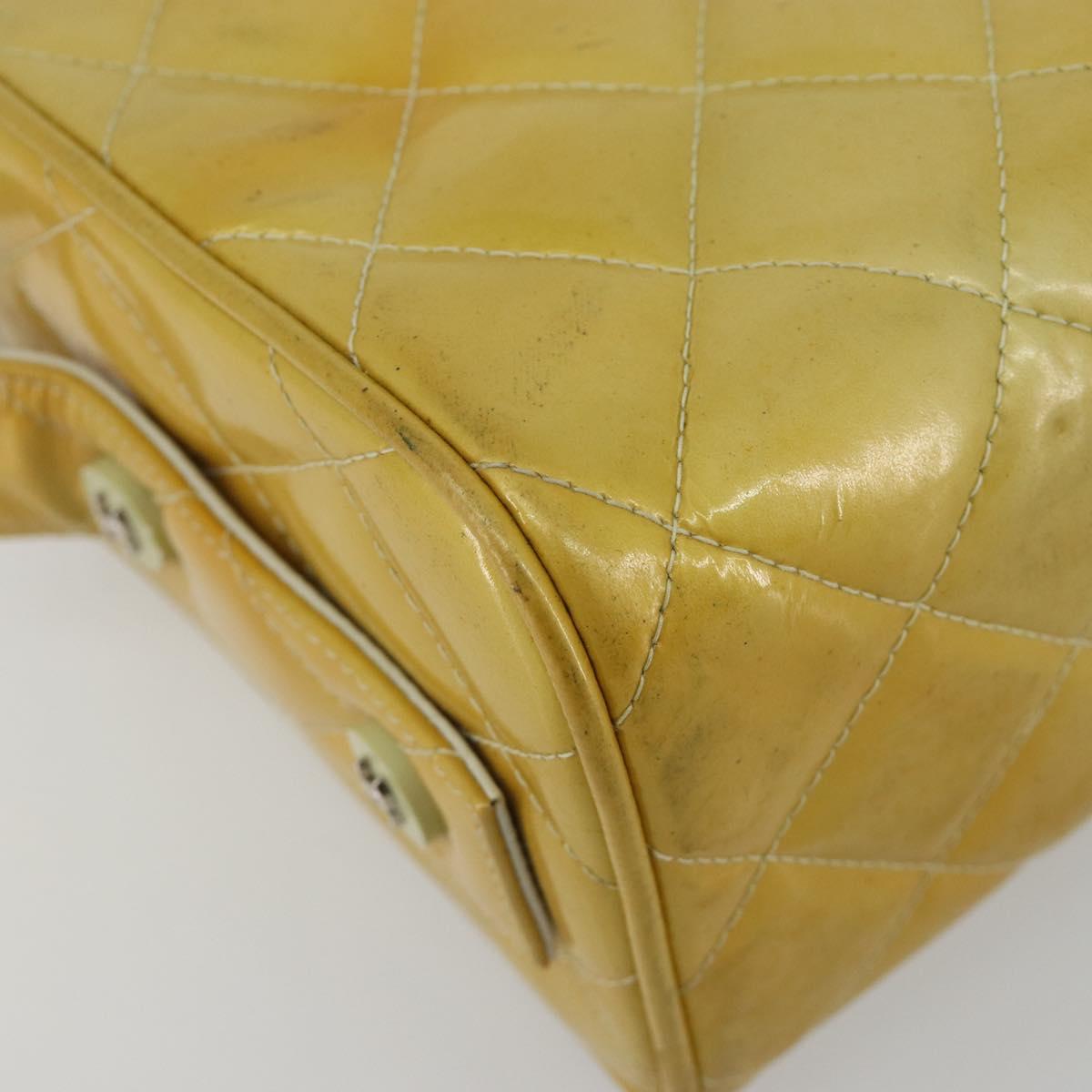 CHANEL Vanity Hand Bag Patent Leather Yellow Silver CC Auth 190628