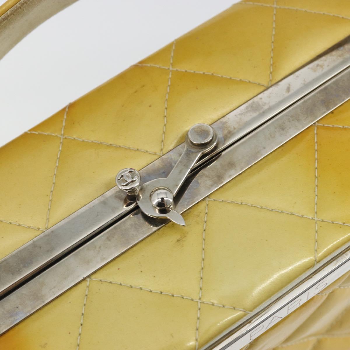 CHANEL Vanity Hand Bag Patent Leather Yellow Silver CC Auth 190628