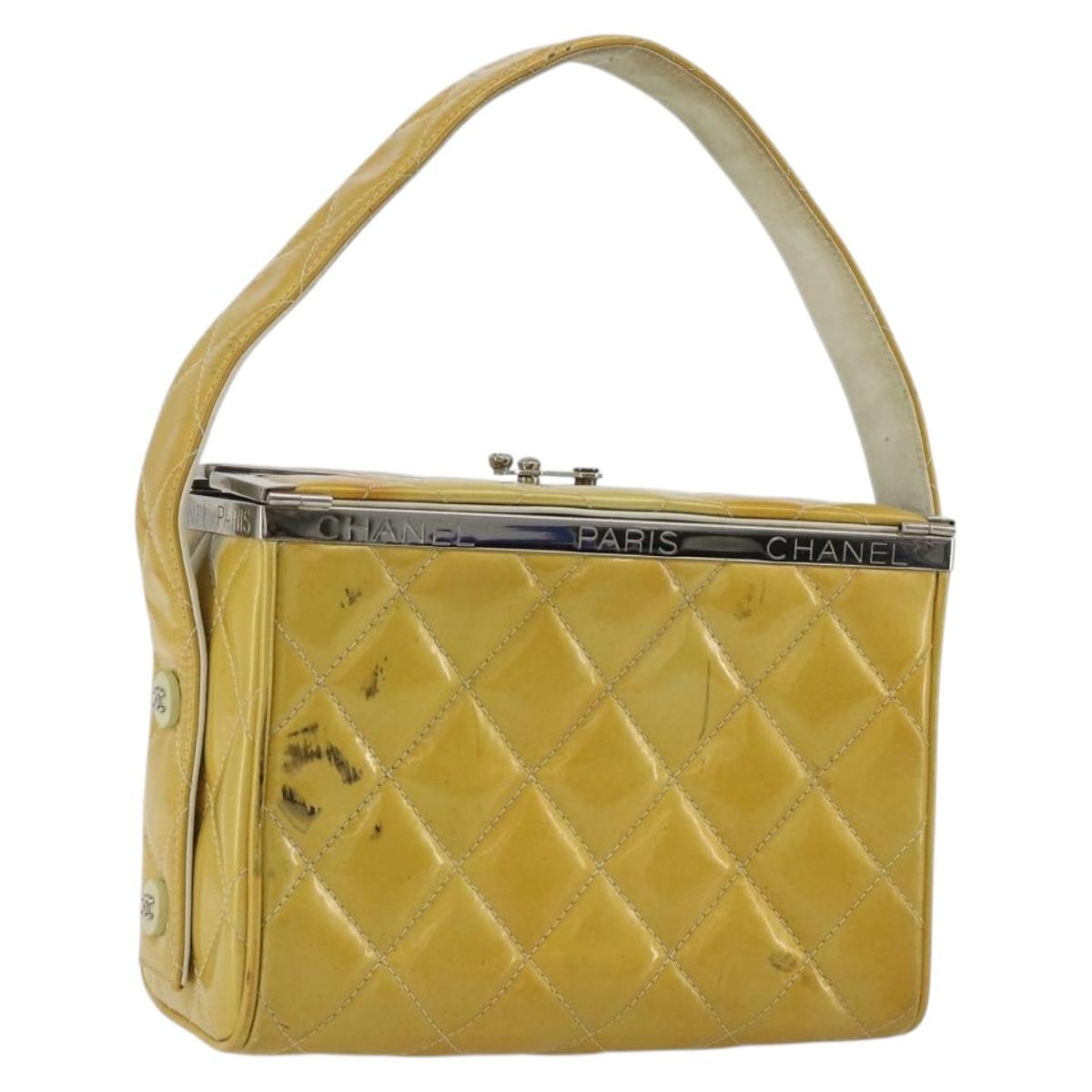 CHANEL Vanity Hand Bag Patent Leather Yellow Silver CC Auth 190628