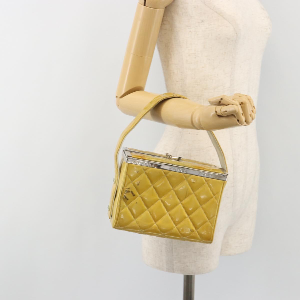 CHANEL Vanity Hand Bag Patent Leather Yellow Silver CC Auth 190628
