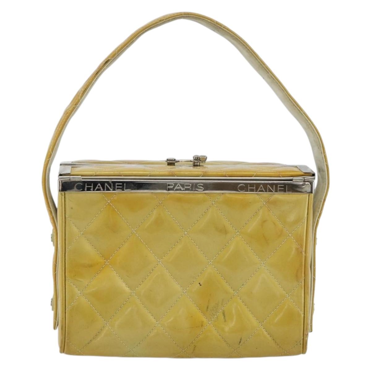 CHANEL Vanity Hand Bag Patent Leather Yellow Silver CC Auth 190628