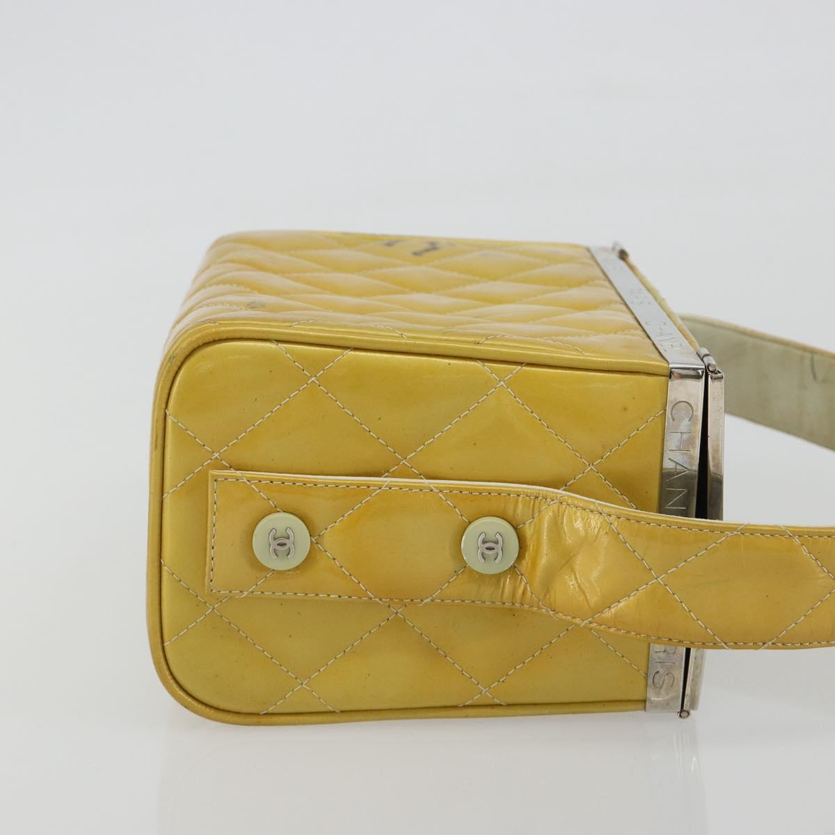 CHANEL Vanity Hand Bag Patent Leather Yellow Silver CC Auth 190628