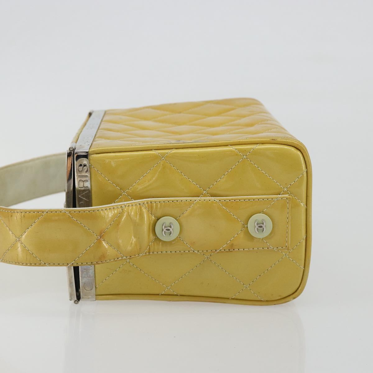 CHANEL Vanity Hand Bag Patent Leather Yellow Silver CC Auth 190628