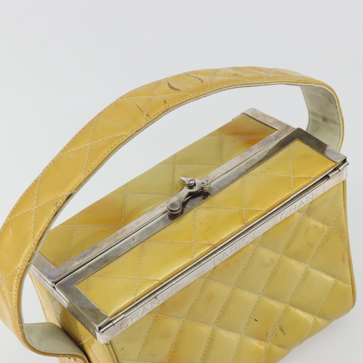 CHANEL Vanity Hand Bag Patent Leather Yellow Silver CC Auth 190628