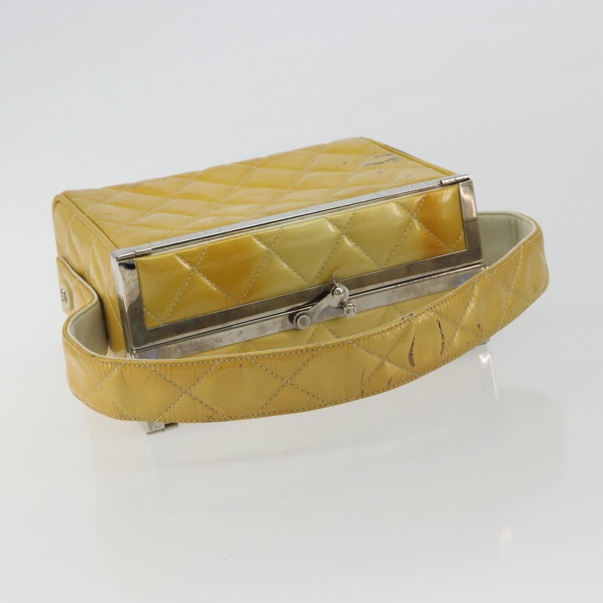 CHANEL Vanity Hand Bag Patent Leather Yellow Silver CC Auth 190628