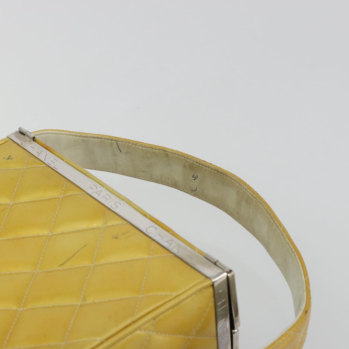 CHANEL Vanity Hand Bag Patent Leather Yellow Silver CC Auth 190628