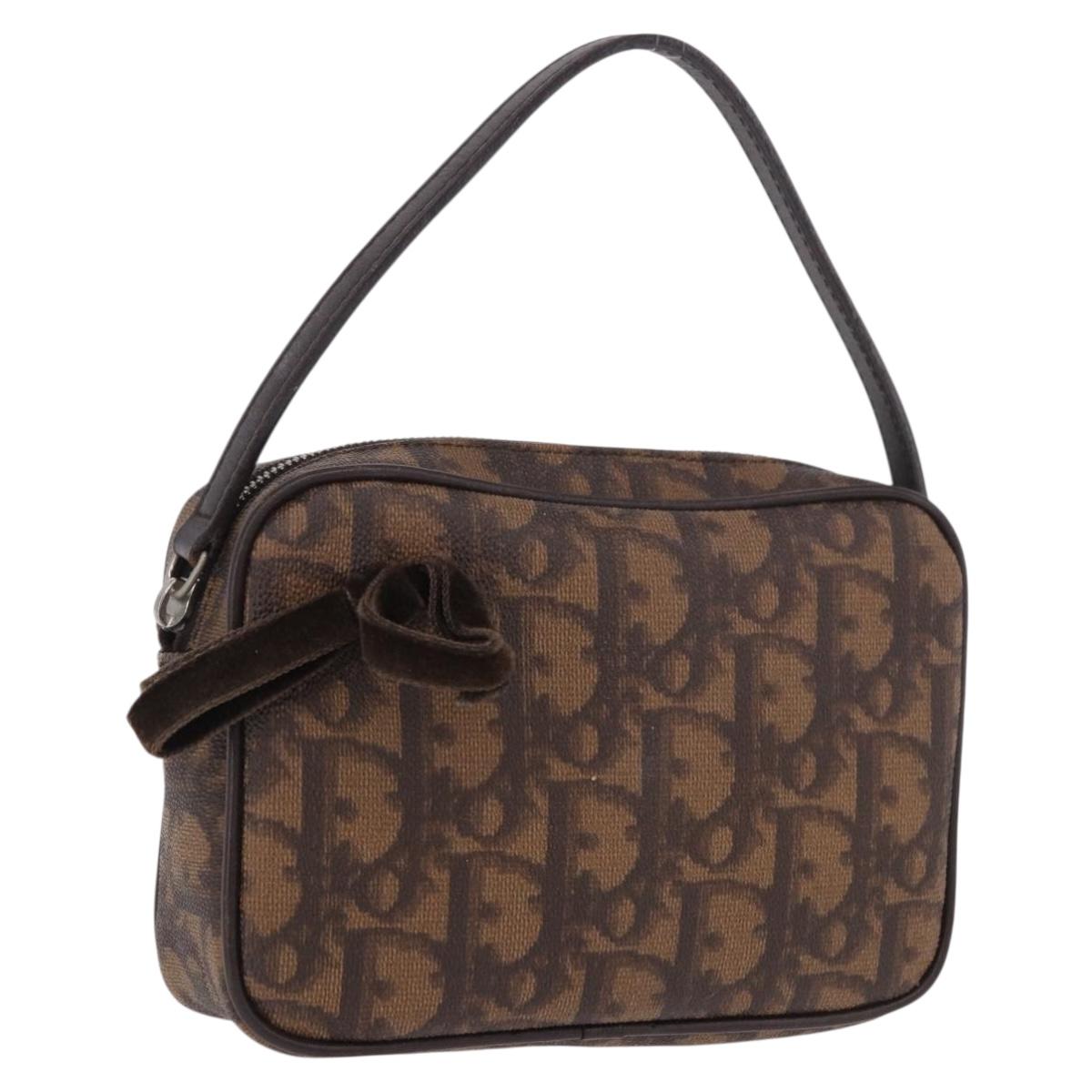 Christian Dior Trotter Canvas Hand Pouch PVC Brown Silver Auth 190629V
