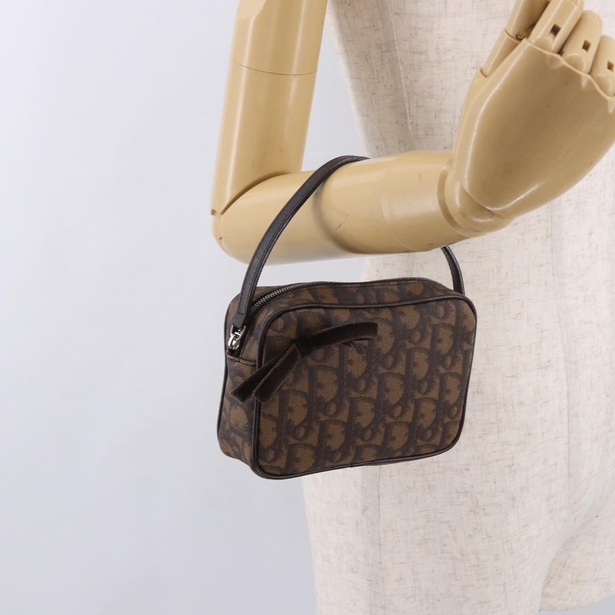 Christian Dior Trotter Canvas Hand Pouch PVC Brown Silver Auth 190629V