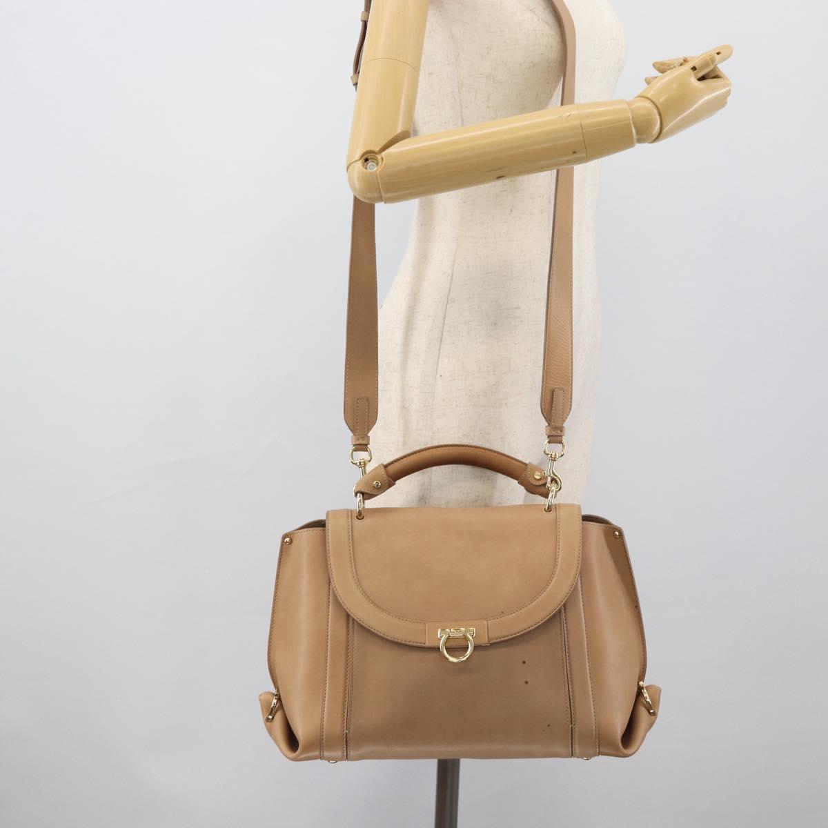 Salvatore Ferragamo Gancini Hand Bag Leather 2way Beige Gold Auth 190640