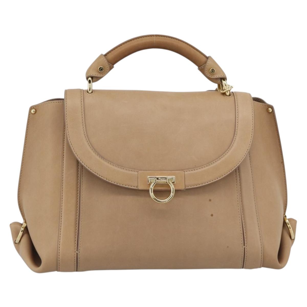 Salvatore Ferragamo Gancini Hand Bag Leather 2way Beige Gold Auth 190640