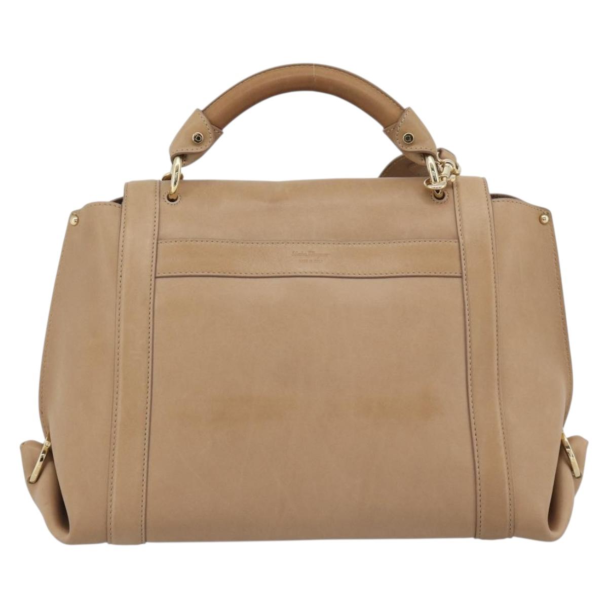 Salvatore Ferragamo Gancini Hand Bag Leather 2way Beige Gold Auth 190640