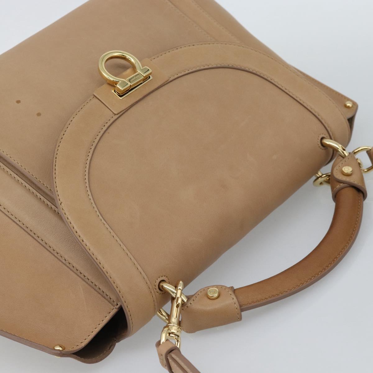 Salvatore Ferragamo Gancini Hand Bag Leather 2way Beige Gold Auth 190640