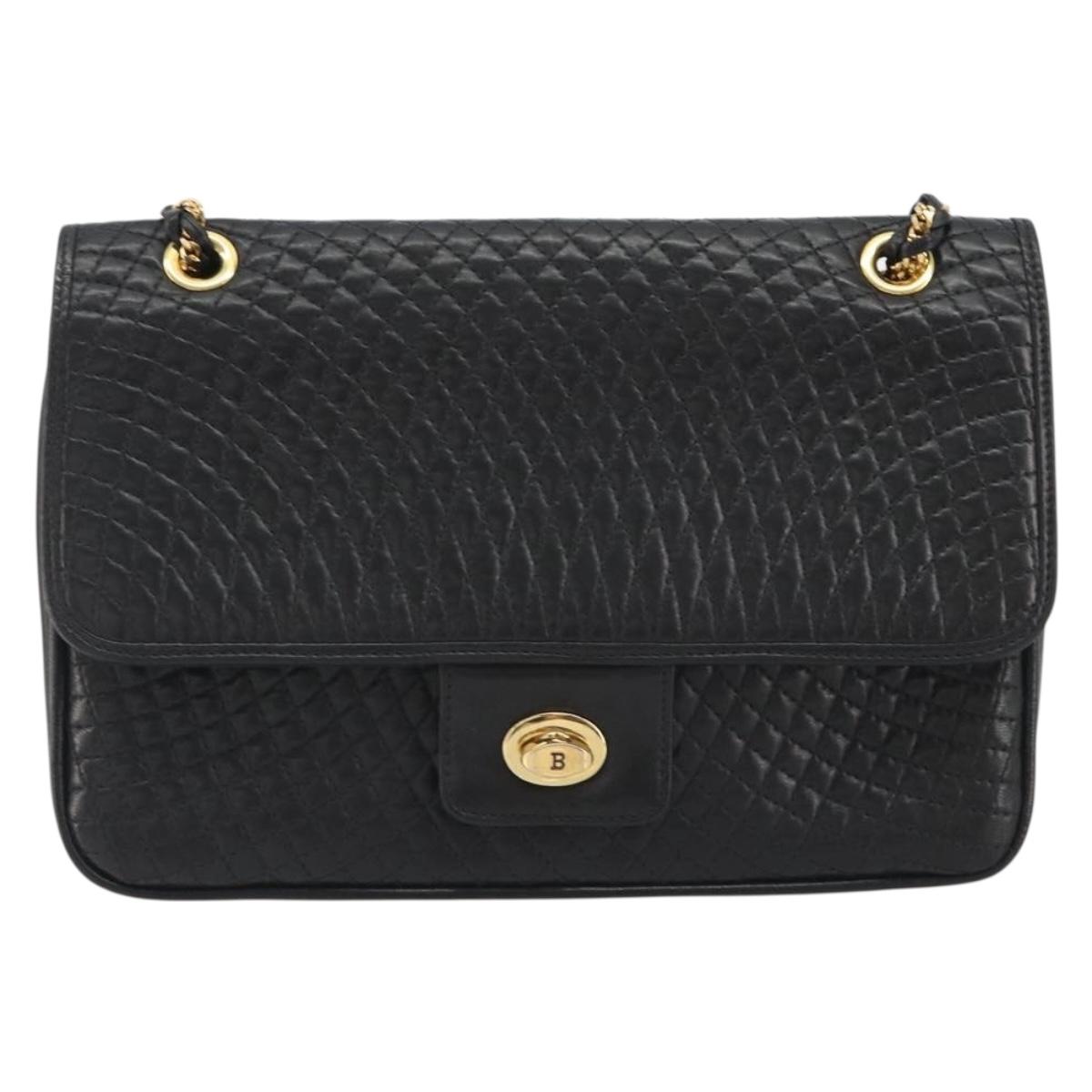 BALLY Chain Shoulder Bag Leather Black Gold Auth 190641A