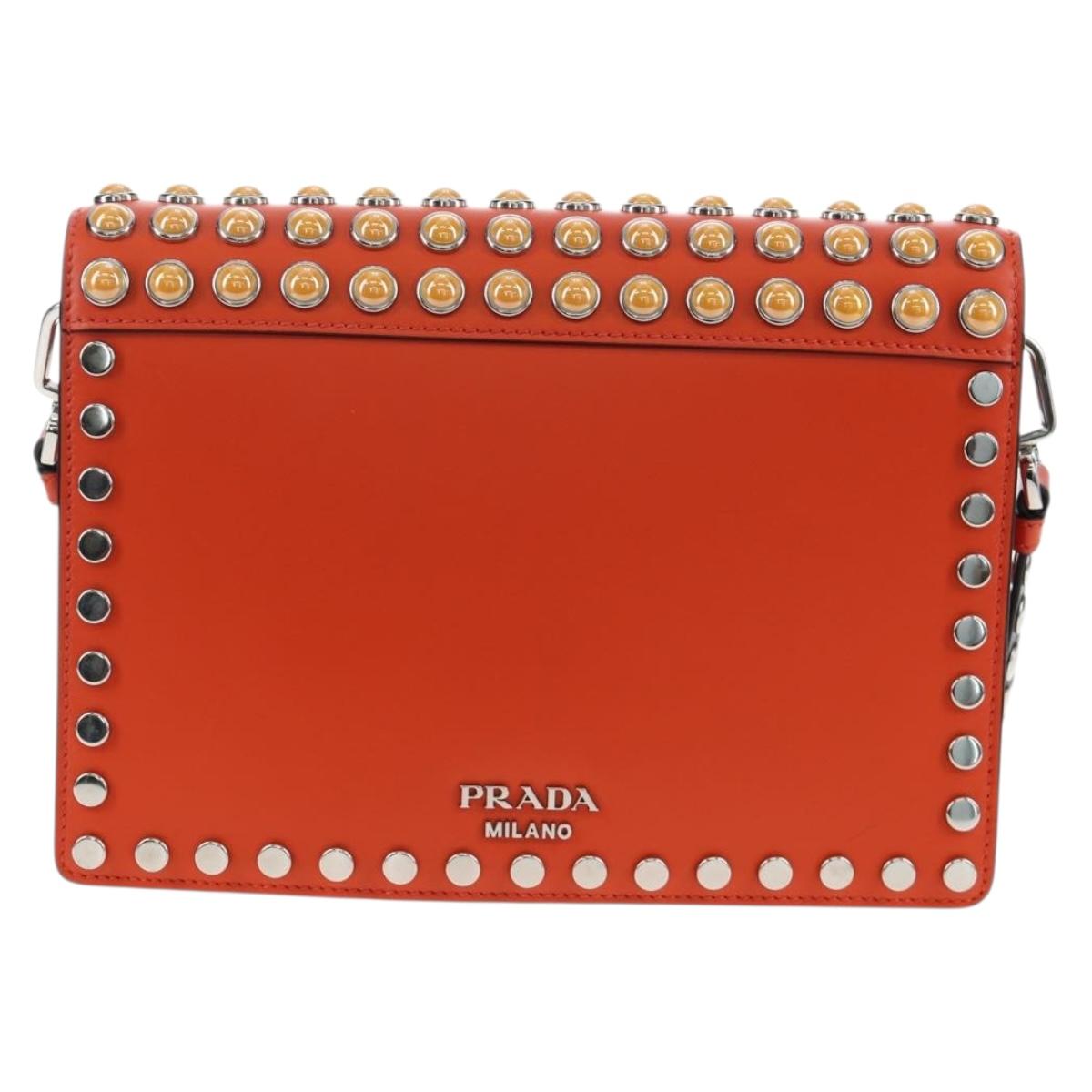 PRADA Shoulder Bag Leather Orange Silver Auth 190652M