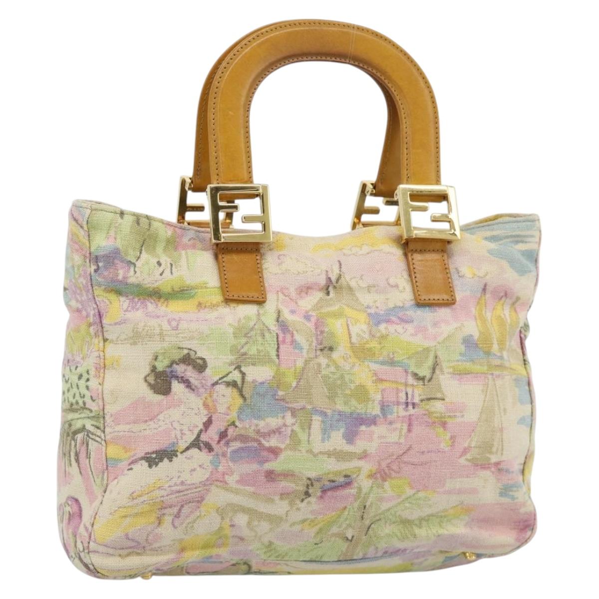 FENDI Hand Bag Canvas Beige Gold Auth 190653V