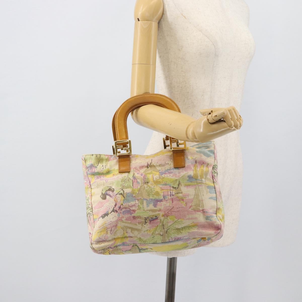 FENDI Hand Bag Canvas Beige Gold Auth 190653V