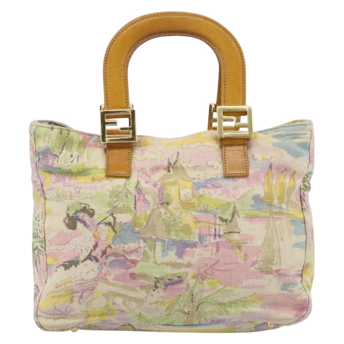 FENDI Hand Bag Canvas Beige Gold Auth 190653V
