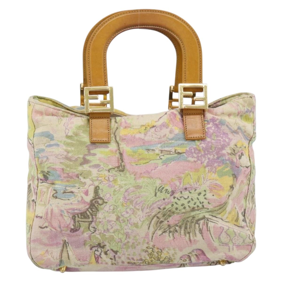 FENDI Hand Bag Canvas Beige Gold Auth 190653V