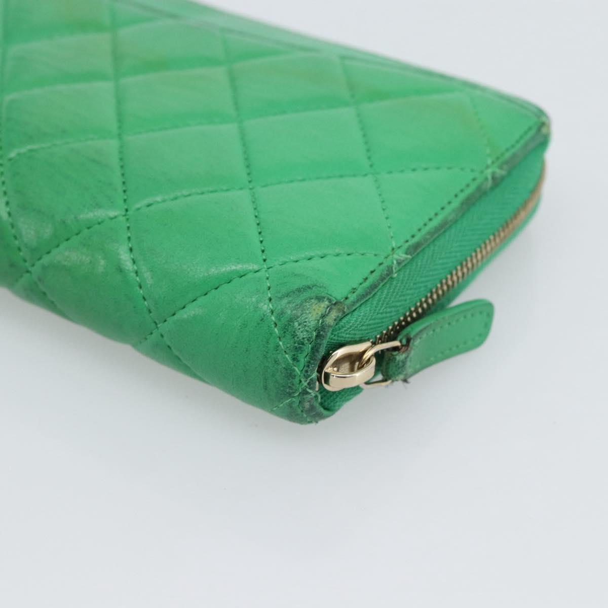CHANEL Matelasse Long Wallet Lamb Skin Green Gold CC Auth 190675