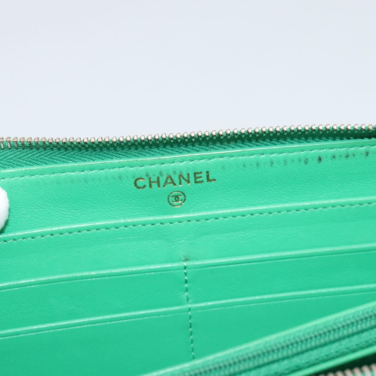 CHANEL Matelasse Long Wallet Lamb Skin Green Gold CC Auth 190675