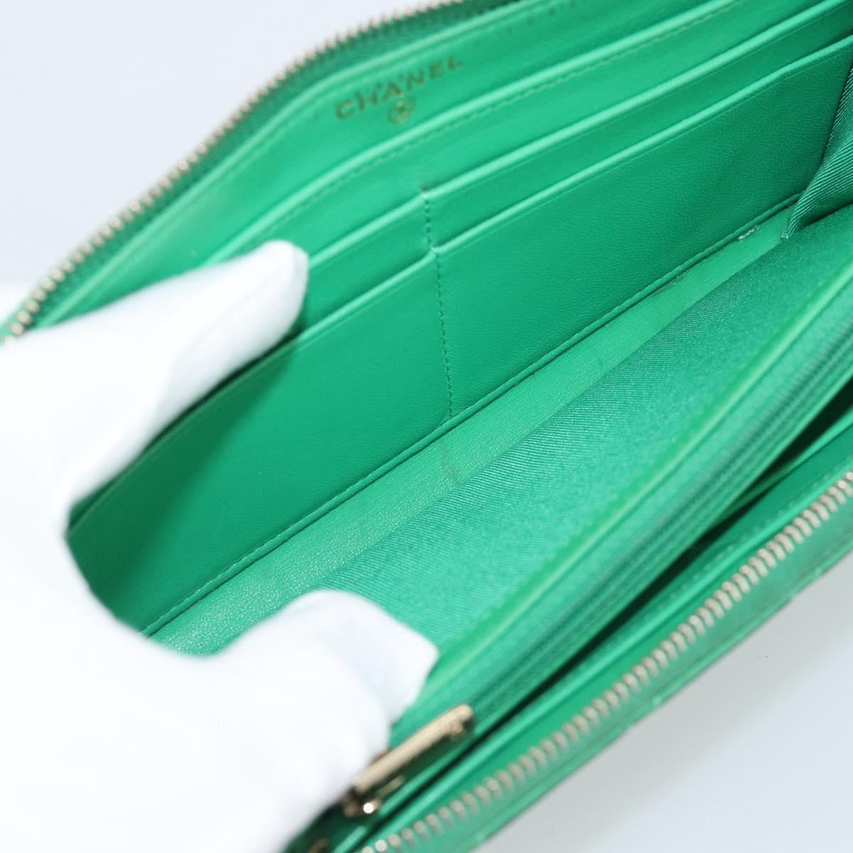 CHANEL Matelasse Long Wallet Lamb Skin Green Gold CC Auth 190675