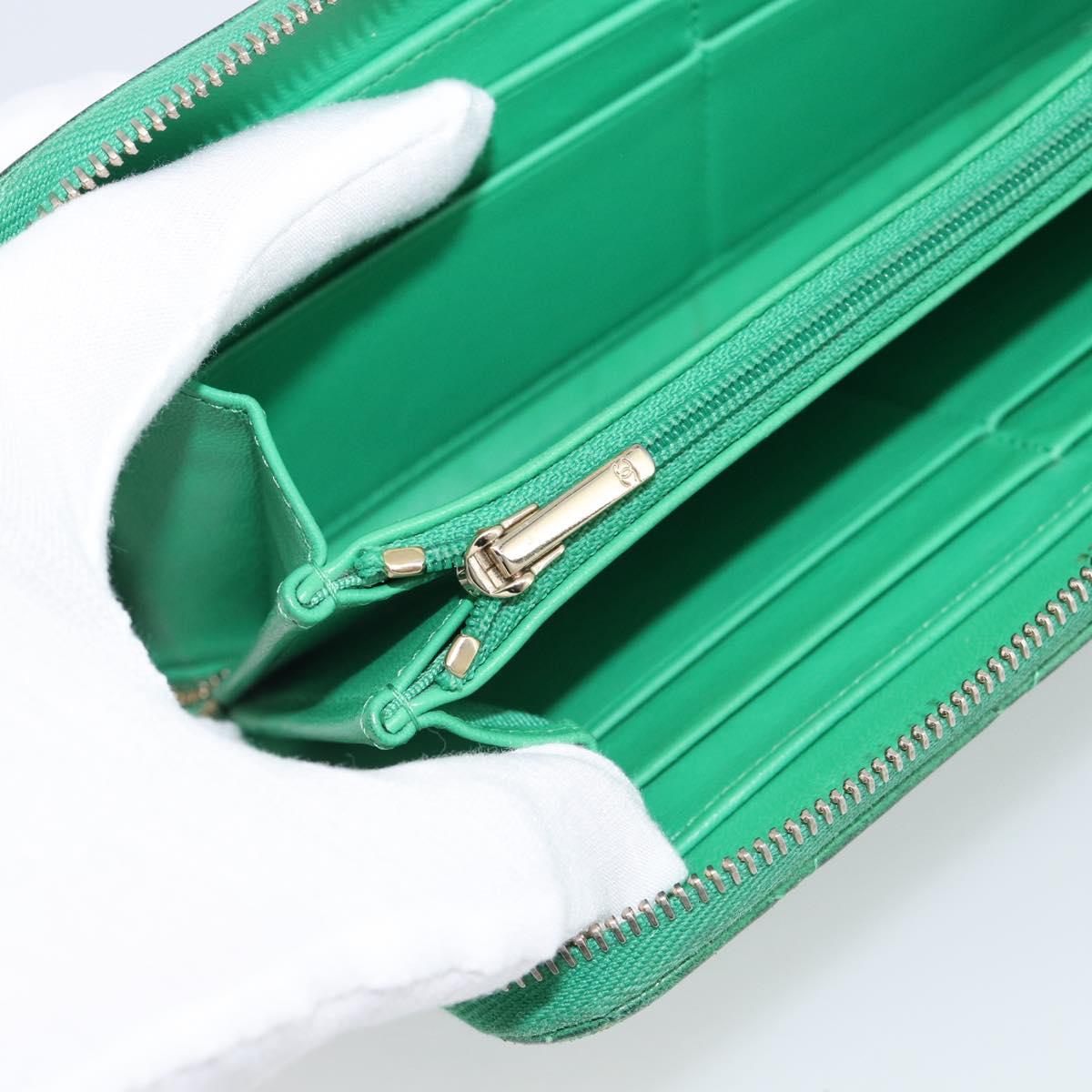 CHANEL Matelasse Long Wallet Lamb Skin Green Gold CC Auth 190675