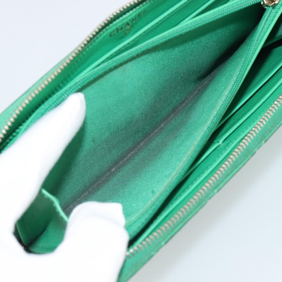 CHANEL Matelasse Long Wallet Lamb Skin Green Gold CC Auth 190675