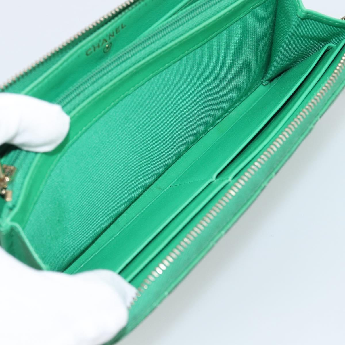 CHANEL Matelasse Long Wallet Lamb Skin Green Gold CC Auth 190675