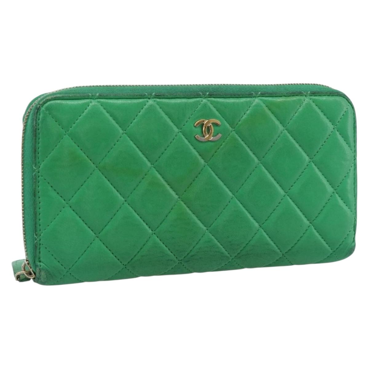 CHANEL Matelasse Long Wallet Lamb Skin Green Gold CC Auth 190675