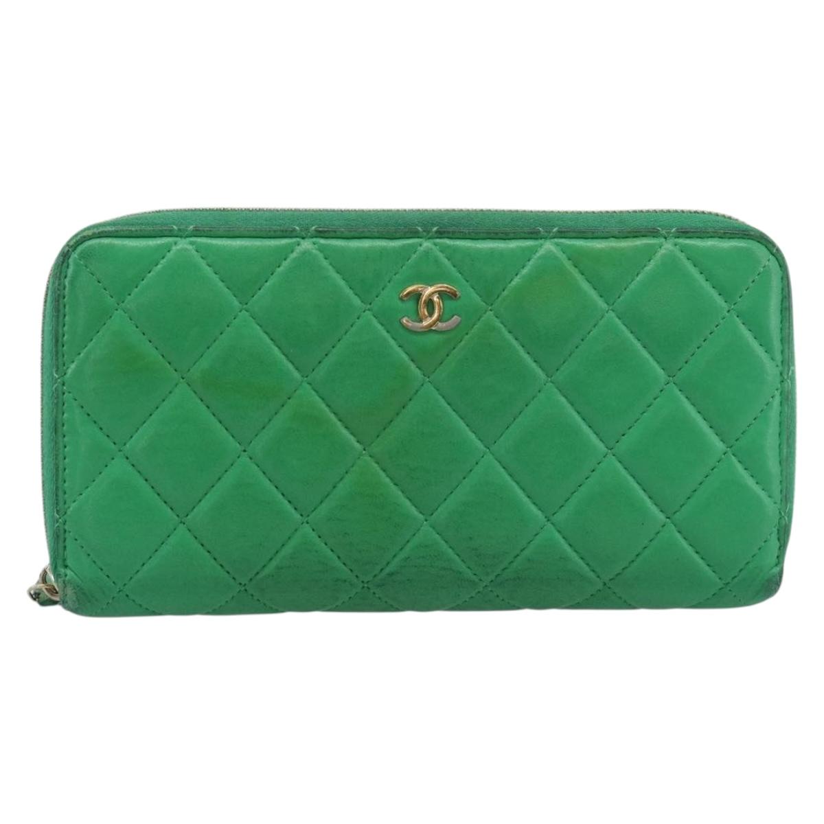 CHANEL Matelasse Long Wallet Lamb Skin Green Gold CC Auth 190675