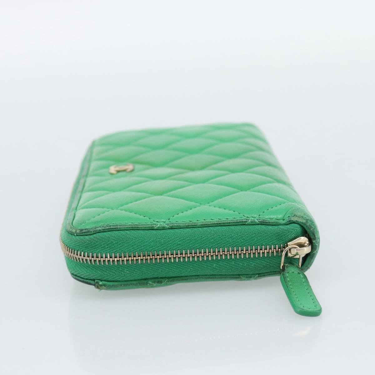 CHANEL Matelasse Long Wallet Lamb Skin Green Gold CC Auth 190675