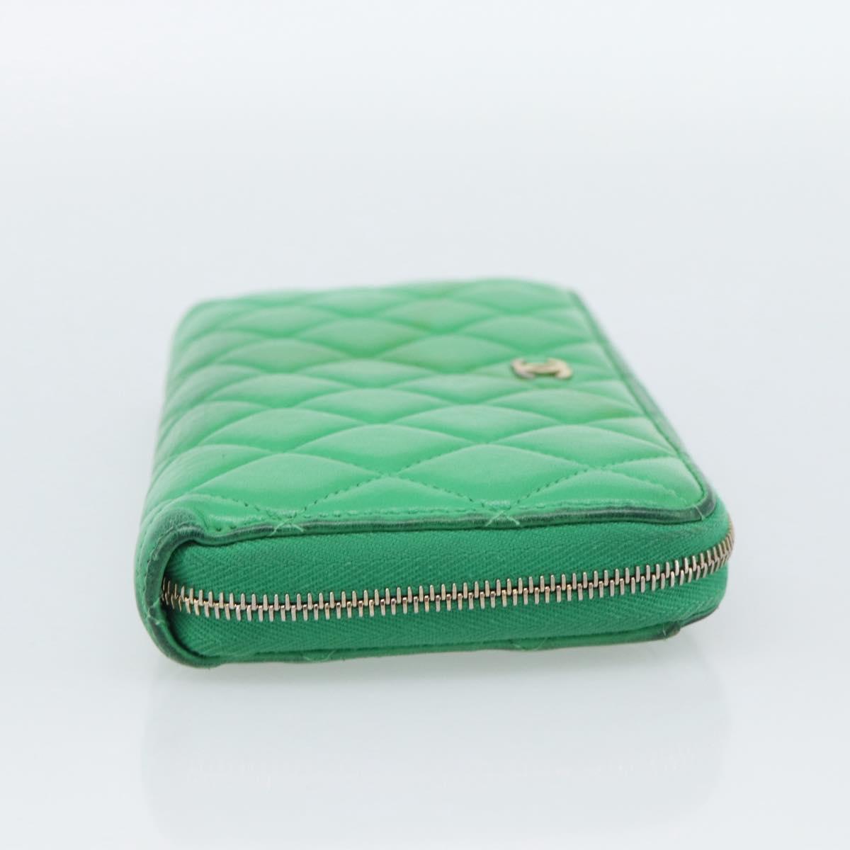 CHANEL Matelasse Long Wallet Lamb Skin Green Gold CC Auth 190675