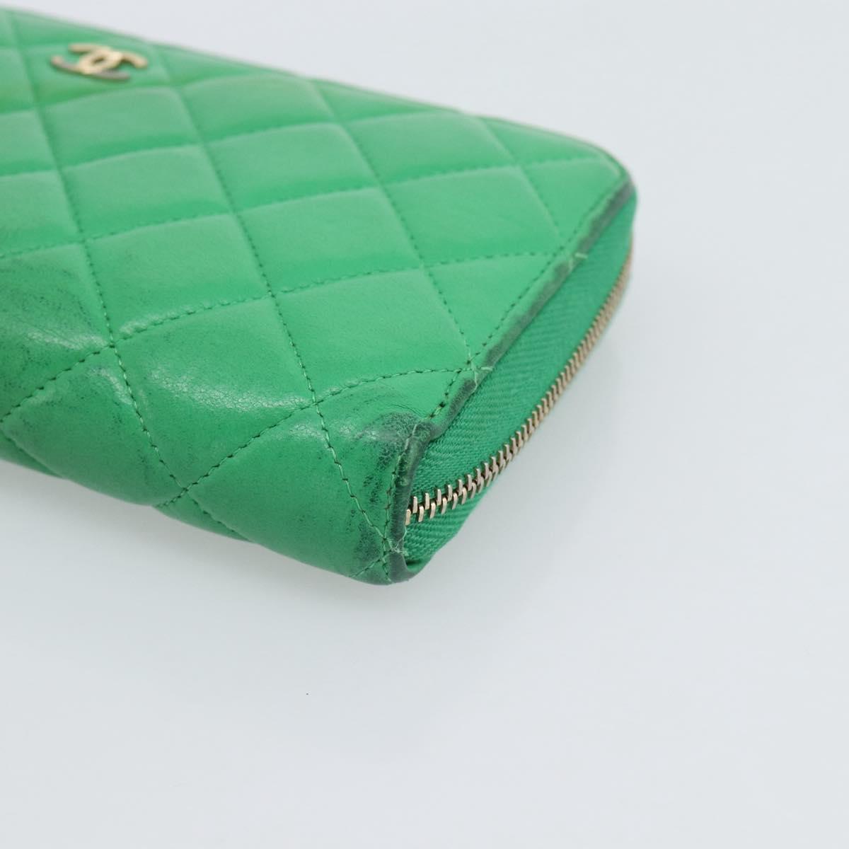CHANEL Matelasse Long Wallet Lamb Skin Green Gold CC Auth 190675