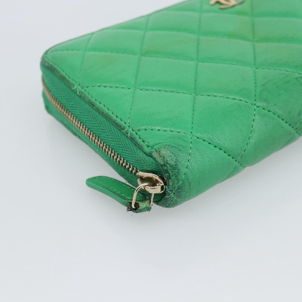CHANEL Matelasse Long Wallet Lamb Skin Green Gold CC Auth 190675