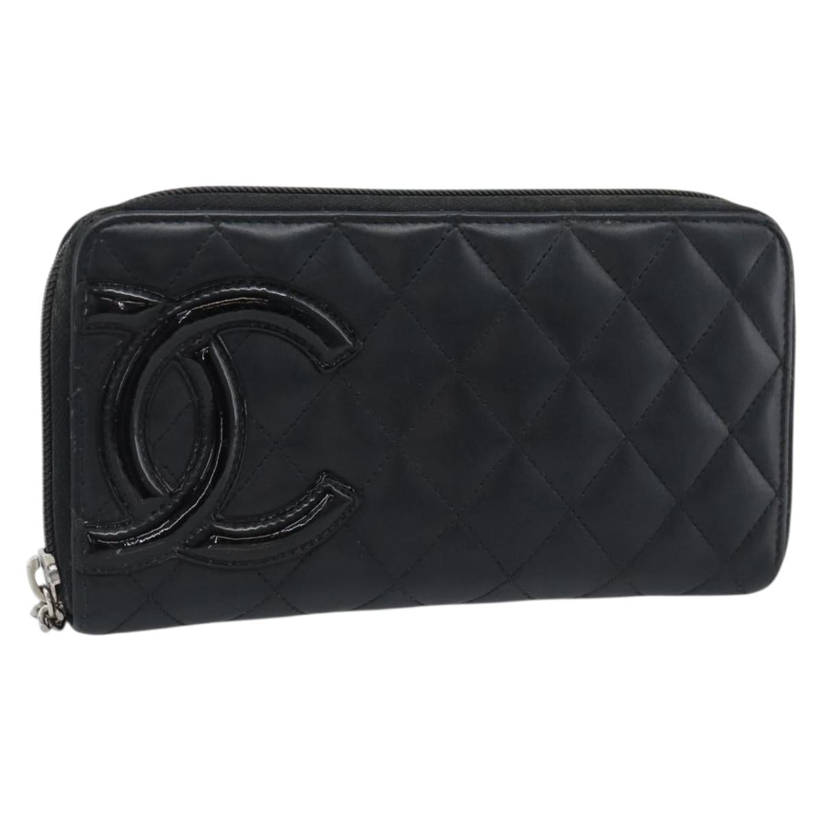 CHANEL Matelasse Cambon Line Long Wallet Leather Black Silver CC Auth 190679