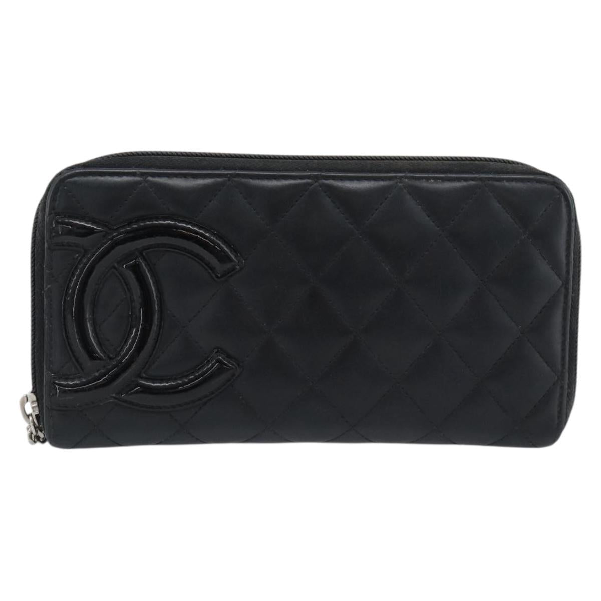 CHANEL Matelasse Cambon Line Long Wallet Leather Black Silver CC Auth 190679