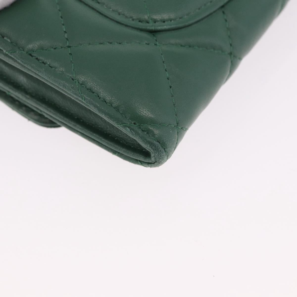 CHANEL Matelasse Long Wallet Lamb Skin Green Silver CC Auth 190682M